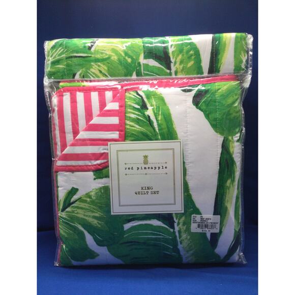 NIB Red Pineapple King Quilt Set Nosara Leaf and Pink King Quilt - Picture 5 of 8